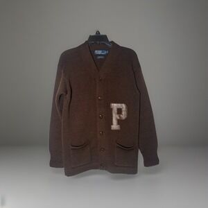 Polo Ralph Lauren Vintage Cardigan Wool P Letterman College Knit Brown Medium